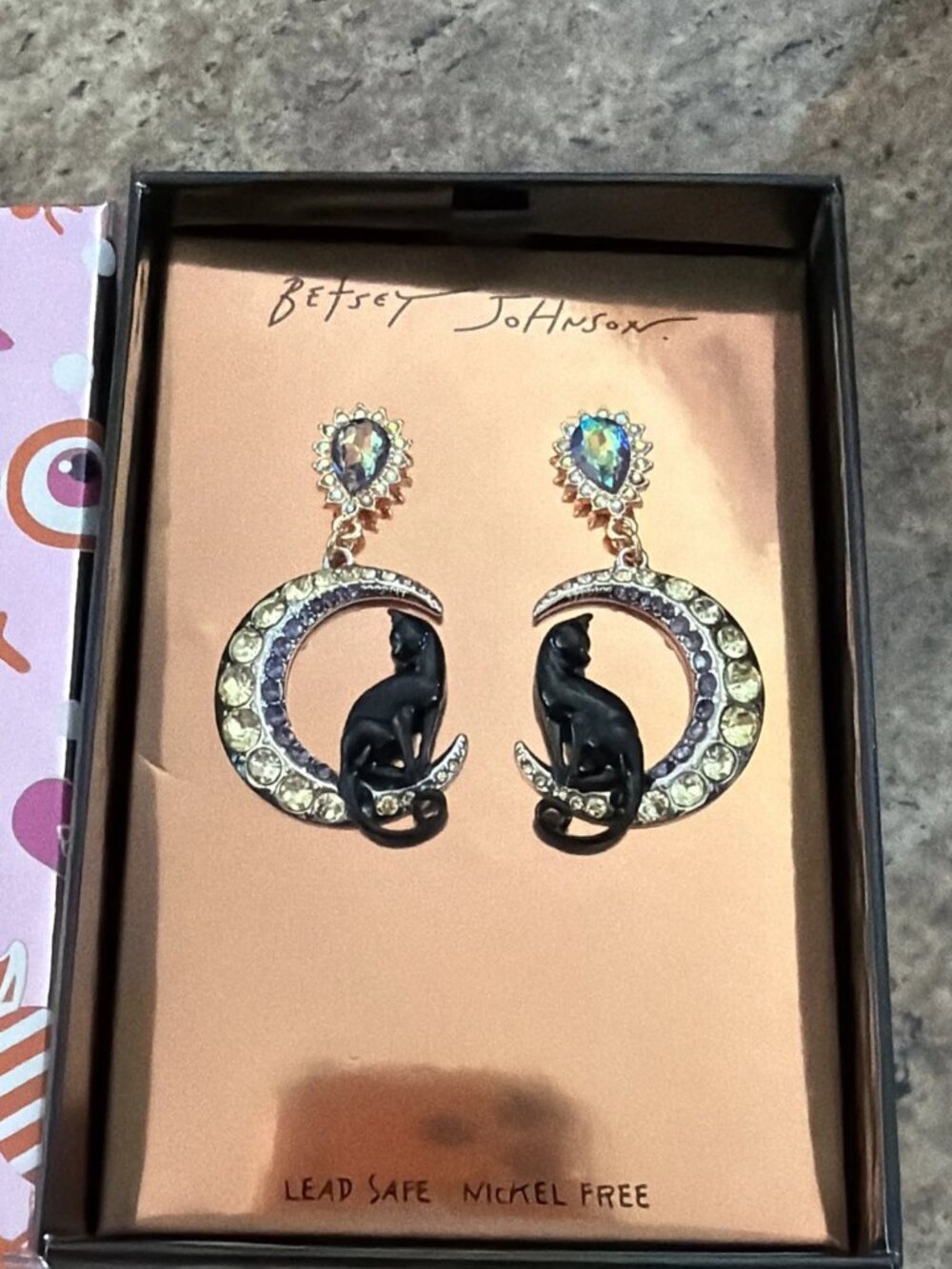 Betsey Johnson Halloween Black Cat Crescent Moon Crystal Drop Earrings New